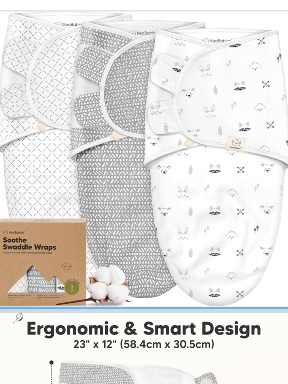 Keababies Gray & White Soothe Swaddle Wraps - 3 Pack Organic Cotton 0-3M